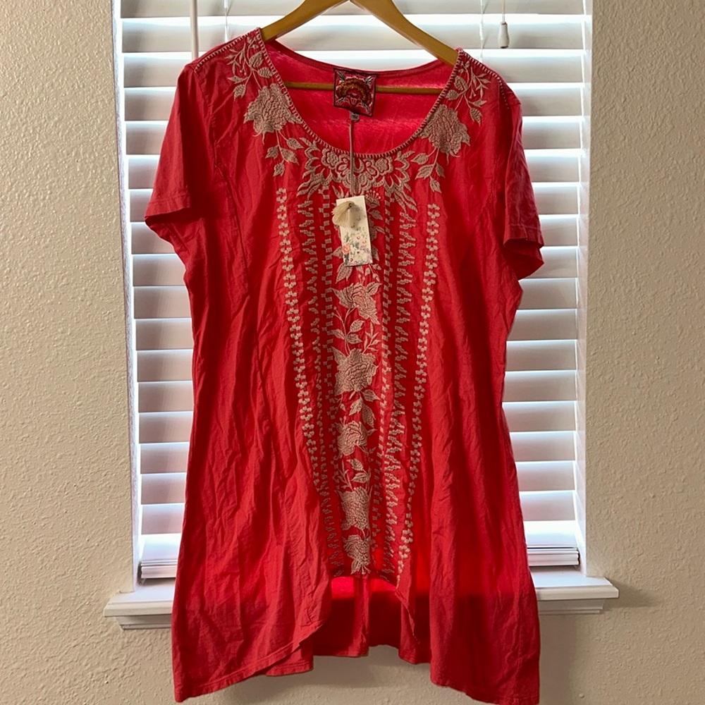 JOHNNY WAS Peach Pink White Letty Woven Embroidered Boho Short Sleeve Tunic Top